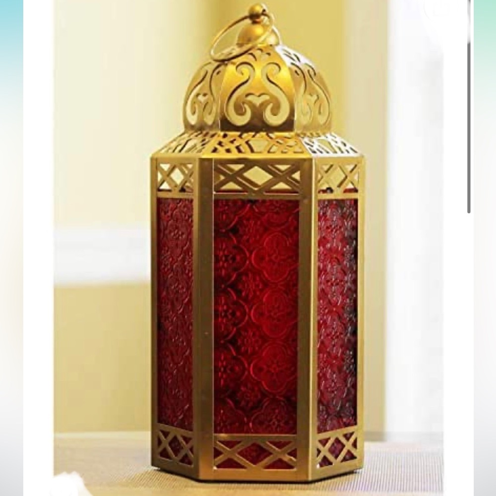 Lanterns Metal Moroccan Decorative Candle Lantern Holder for Ramadan, Gold, Red - Picture 1 of 5